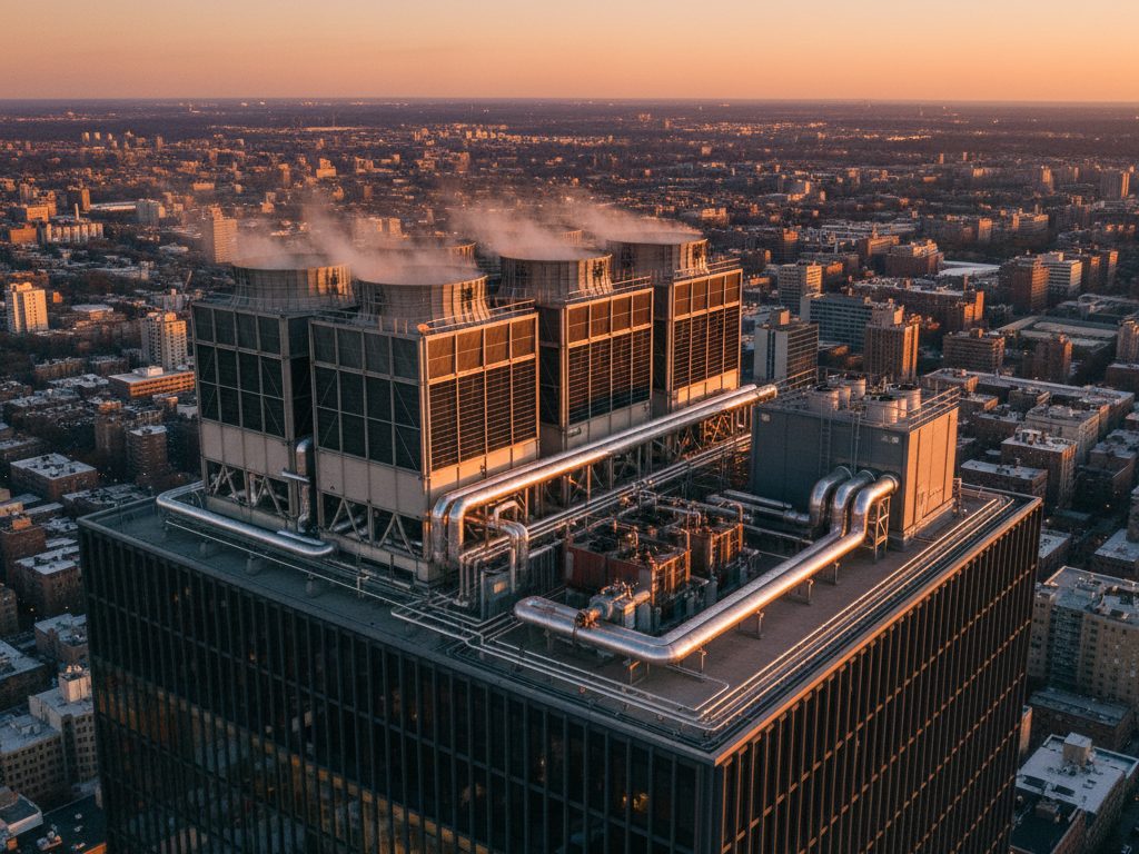 Central de climatização em cobertura de edifício corporativo ao entardecer